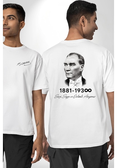 Atatürk 10 Kasım Anma Beyaz Oversize Unisex Ön Ve Sırt Baskılı Tişört Beyaz