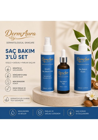 Dermaura Premium Saç Onarım Seti Keratin Saç Bakım Sütü + Saç Bakım Yağı + Onarıcı Saç Bakım Kremi