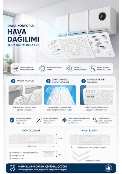 Ayarlanabilir Klima Yönlendirici Aparat 56-95 Cm /hava Yönlendirici Deflektör / Rüzgar Önleyici / Split Klima Uyuml