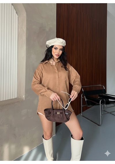 Ribana Classic Kadın Oversize Süet Büyük Beden Uzun Kollu Düğmeli Tek Cepli Gömlek 4962 Kahverengi