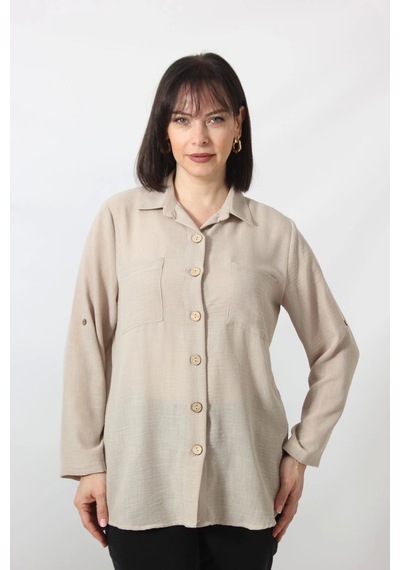 Moda Berray Bb-077 Bej Pamuk Keten Kolu Apoletli İki Cepli Kadın Büyük Beden Gömlek Bej