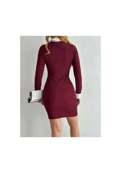 Asur Boutique Asur Butik Kadın Gömlek Yaka Ottoman Kumaş Mini Elbise 1 Beden Büyük Alınız Bordo