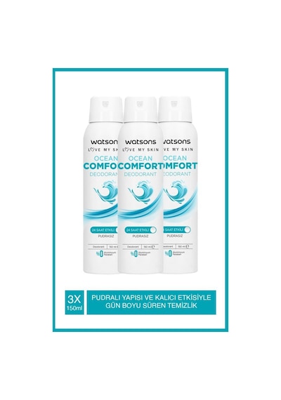 Watsons Ocean Comfort Pudrasız Deodorant Sprey 150 Ml X 3 + Fresh Men Pudrasız Deodorant Sprey 150 Ml X 3