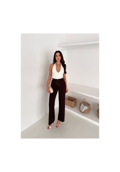 Gugus Kadın Bol Paça Modal Eşofman Altı Taşlı Wide Leg Model Kahverengi