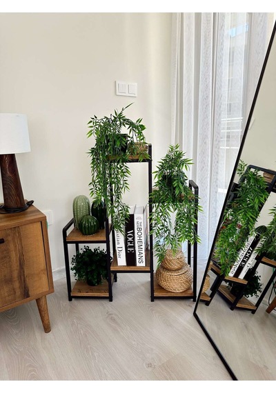 Garden 6 Raflı Metal Saksılık Dekoratif Metal Raflı Ahşap Çiçeklik Matkapsız Kurulum Metalik Mat Siyah