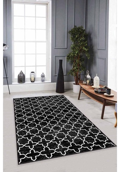 Siyah Spor Kaymaz Tabanlı Makinede Yıkanabilir Halı Mo03n11