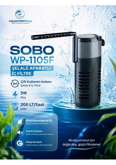 Sobo Wp-1105f Şelale Aparatlı İç Filtre - Çift Kullanım İmkanı - 5w 200 Lt/saat