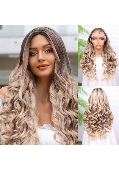 Kumral Platin Ombre Bebek Saçlı Fiber Sentetik Yoğun Dalgalı Tül Peruk - Zmff-582496 Çok Renkli