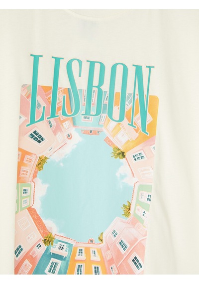 Lcw Vision Ekru Lisbon Baskılı %100 Pamuklu Kadın Tişört
