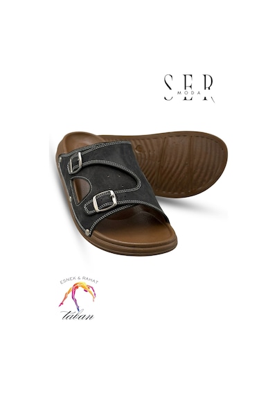 Sermoda Erkek Terlik - Çift Toka Ayarlanabilir Esnek Taban Deri Erkek Terlik T Siyah