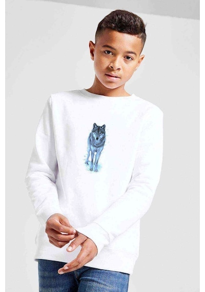 Tshirthane Wolf Kurt Sibirya Köpek Çizim Baskılı Unisex Çocuk Beyaz Sweatsh Beyaz