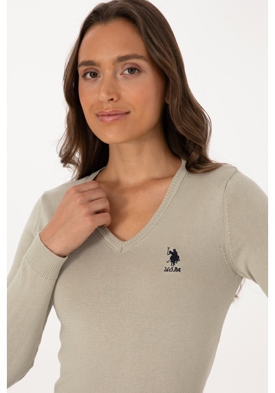 U.S. Polo Assn. Kadın Açık Haki  V Yaka Basic Kazak 50307712-VR183