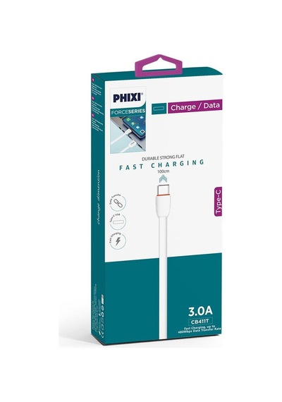 Phixi CB411T Force Yassı Kablolu 1 M Type-C USB Şarj ve Data Kablosu Beyaz