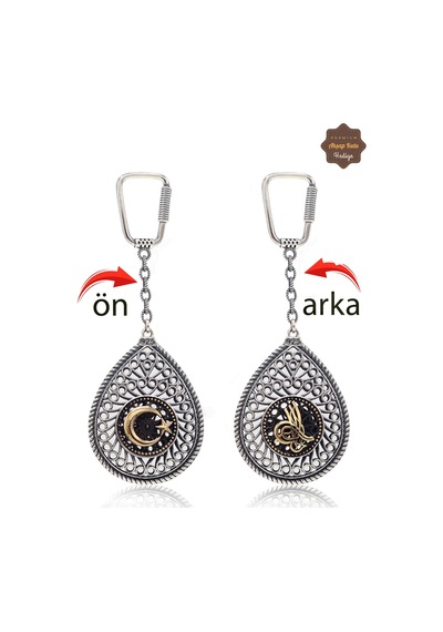 Ayyıldız Ve Tuğralı Damla Model Çift Taraflı Oksitli Gümüş Telkari Anahtarlık 201025187 Gümüş