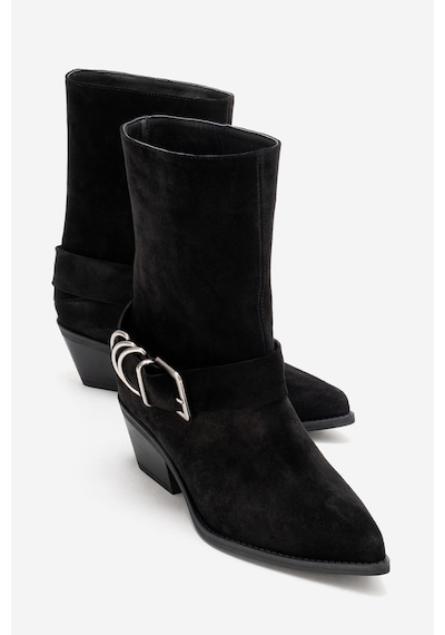 Luvishoes Velmor Siyah Süet Hakiki Deri Tokalı Kadın Western Bot Siyah