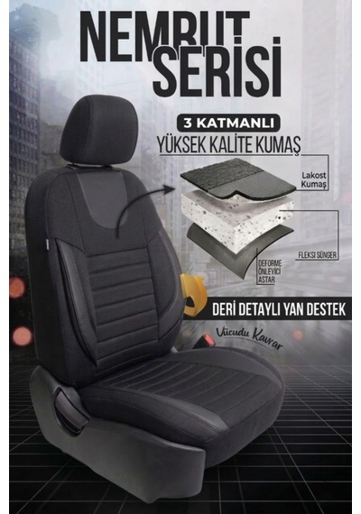 Nemrut Serisi Lakost Kumaş Universal Oto Koltuk Kılıfı Tam Set Siyah