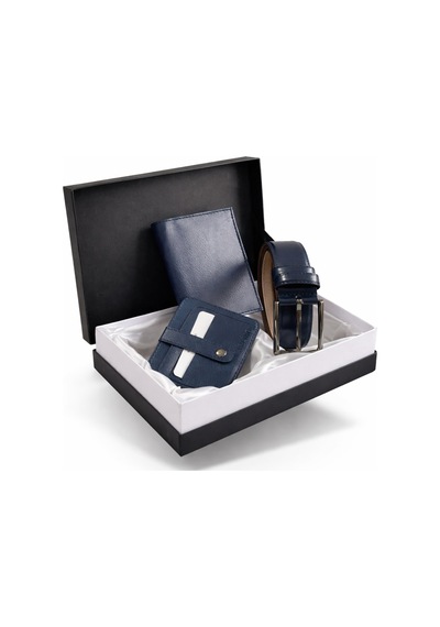 Tisaati Özel Grande Lüks Premium Serisi Damat Çeyiz Dikey Classic Cüzdan Kemer Ve Kartlık Çeyiz Kutulu Seti Lacivert