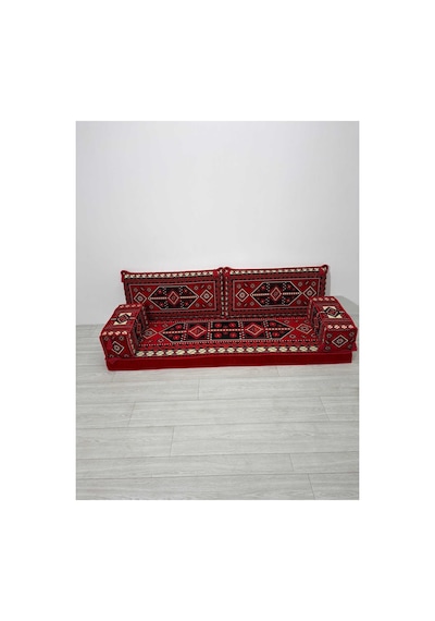 Sedir Deseni Şark Köşesi Takımı 70x190 Cm 5 Parça Dolu Set - Kırmızı Çökmeyen Sünger