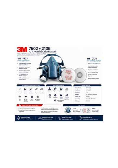 3m 7502 Yarım Yüz Maskesi + 3m 2135 P3 Filtre