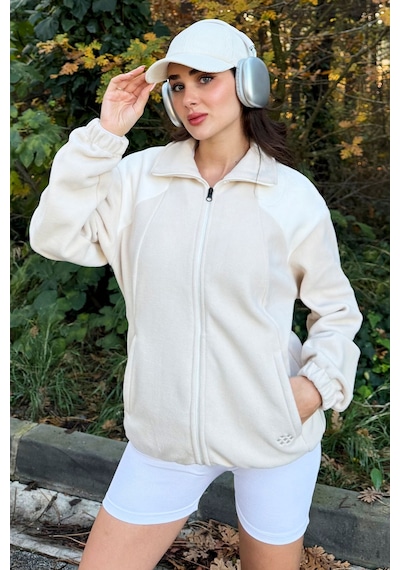 Tommy Life Bej Kalın Yumuşak Dokulu Dik Yaka Oversize Nakışlı Polar Kadın Sweatshirt - 97293 Bej