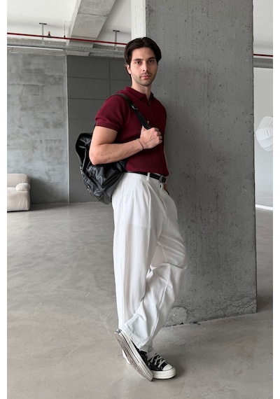 Erkek Petek Desen Polo Yaka Triko T-shirt Bordo