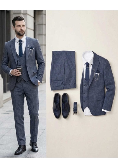 Beystil Sivri Yaka Lacivert Kırçıllı Takım Elbise Storm - Slim Fit Lacivert