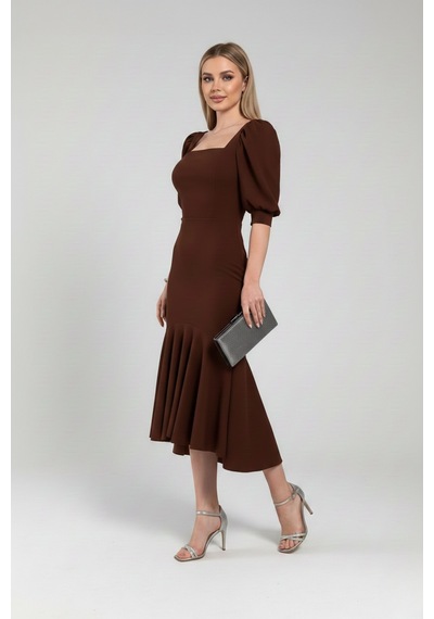 Defymoda Kadın Balık Model Cazibeli Elbise Kahverengi