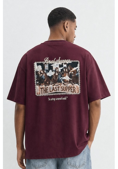 Respire Erkek Final Supper Nakışlı Oversize T-shirt Bordo