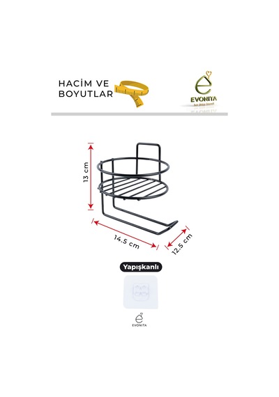 Yapışkanlı Tuvalet Kağıtlığı Yuvarlak Model Mat Siyah Metal Kağıtlık Delmeden Montaj Askı