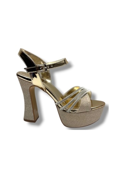Defne 798-26 Simli Saten Çapraz Taşlı 30mm Platform Topuk Kadın Sandalet 12cm Altın