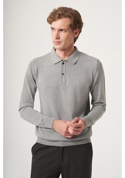 İmza Gri Polo Yaka Uzun Kol Örme Comfort Fit Pamuklu Kazak 1012265150