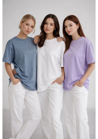 Kadın 3'lü Paket Antrasit-beyaz-lila %100 Pamuk Oversize Basic Tişört Bisiklet Yaka Relaxed T-shirt Hardal-saks Mavi-turkuaz