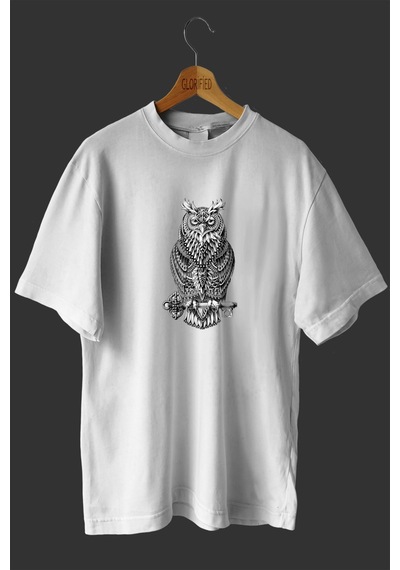 Noıssey -wed Baykuş 3 Tasarım Baskılı Oversize T-shirt Tişört Beyaz