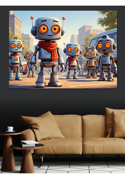 Modern Robot Çocuklar Ve Şehir Dekoratif Kanvas - Mdf Ahşap Tablo