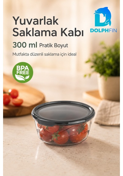 Yuvarlak Saklama Kabı 300 Ml 12,5x12,5x5 Cm Şeffaf Siyah Kapaklı Bpa İçermez