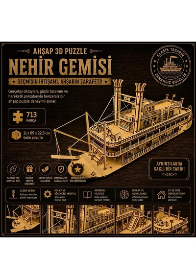 Algwooddesign Nehir Gemisi Ahşap Maket Seti 713 Parça Dıy 3d Puzzle Mississippi Buharlı Gemi Koleksiyoner Modeli