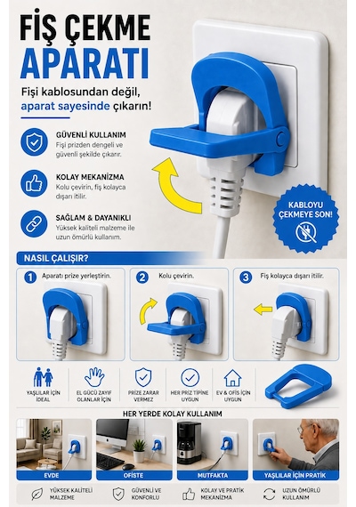 3d Baskı Fiş Çekme Aparatı Kolay Fiş Çıkarma Yardımcısı Ergonomik Priz Aparatı - Mavi