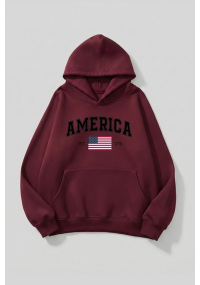Uyguntarz Unisex Yumuşak Dokulu America Baskılı Tasarım Oversize 3 İplik Hoodie Sweatshirt Bordo