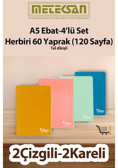 60 Yaprak 120 Sayfa Okul Defteri - Not Defteri 4'lü Set A5 Ebat Tel Dikişli Karton Kapak Antrasit