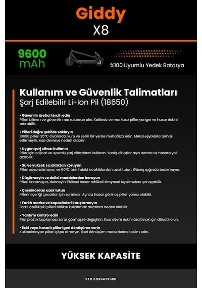 Giddy X8 / 36v 9600mAh Elektrikli Scooter Bataryası