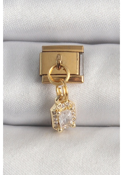 316l Çelik Gold Renk Sallantı Zirkon Taşlı Kare Model Charm Gümüş