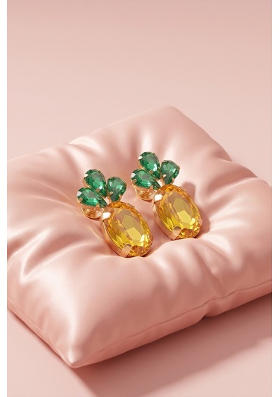 Valmont Accessories Ananas Figürlü Kadın Küpe Kristal Taşlı Tropikal Meyve Model Şık Küpe Altın