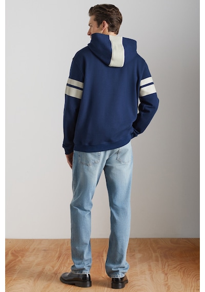 Grimelange Torrey Erkek Örme 3 Iplik Regular Fit Standart Kalıp Baskılı Kapüşonlu Lacivert Sweatshirt