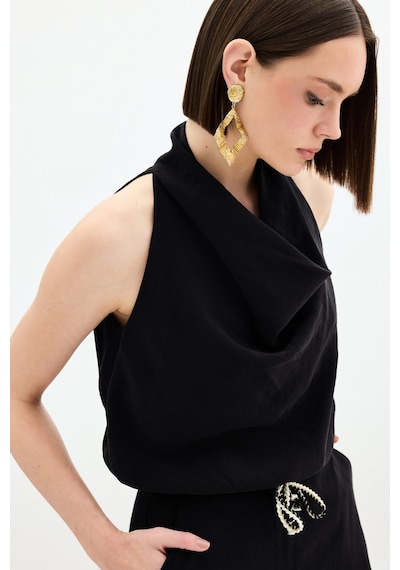 Sateen Degaje Yaka Bluz - Siyah-136153 Siyah
