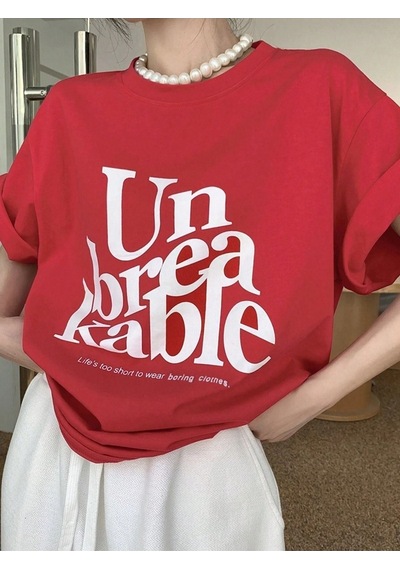 Kable T-shirt - Kırmızı Oversize Baskılı Bisiklet Yaka Kirmizi
