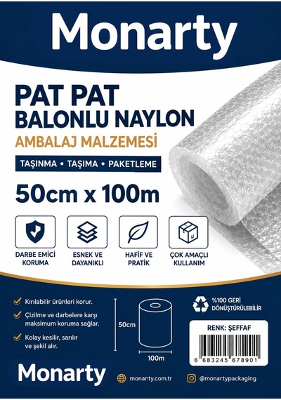 Balonlu Naylon Ambalaj Malzemesi, Şeffaf, 50 Cm X 100 M, Taşınma Ve Paketleme İçin Koruyucu Hava Kabarcıklı Rulo 100 Metre