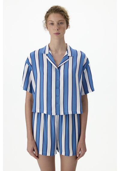 Penti Mavi Vacation Striped Gömlek Şort Pijama Takımı Bl97