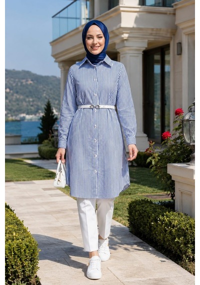 Hb Harma Time Butik Kadın Çizgi Desenli Kemerli Keten Lacivert Gömlek