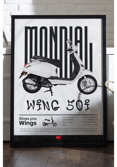 Mondial Wing 50i Siyah Ahşap Çerçeveli Poster, Dekoratif Motosiklet Duvar Tablosu
