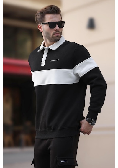 Madmext Siyah Polo Yaka Renk Bloklu Erkek Sweatshirt 7072 Siyah